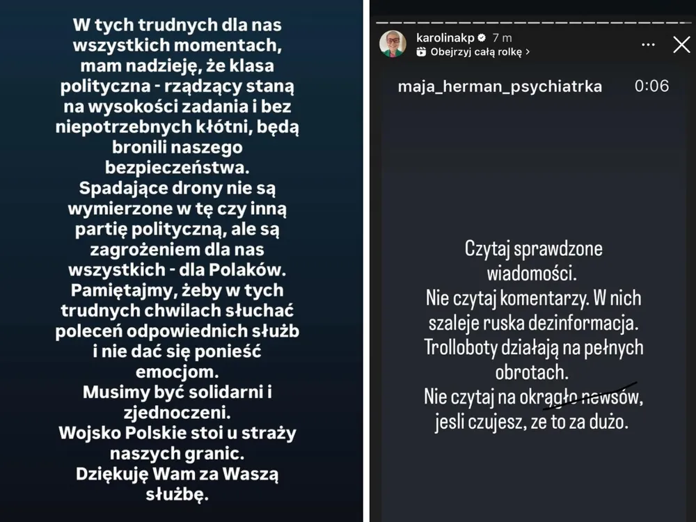Celebryci reagują na rosyjskie drony nad Polską. Jedni udostępniają ważne informacje, drudzy... straszą wojną