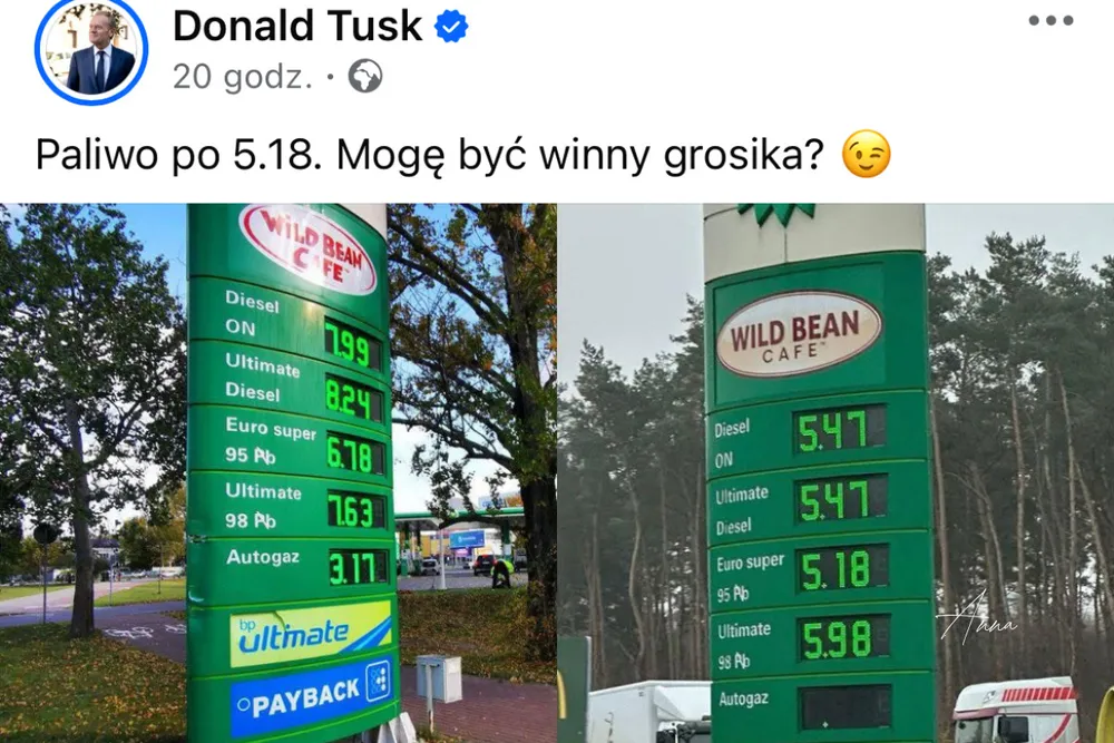 Tusk chwali się paliwem po 5.18, powołując się — UWAGA... na fejkowe zdjęcie z „Soku z Buraka"