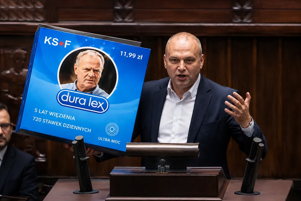 Karton „prezerwatyw” i balon w Sejmie. Poseł Konfederacji uderza w Tuska