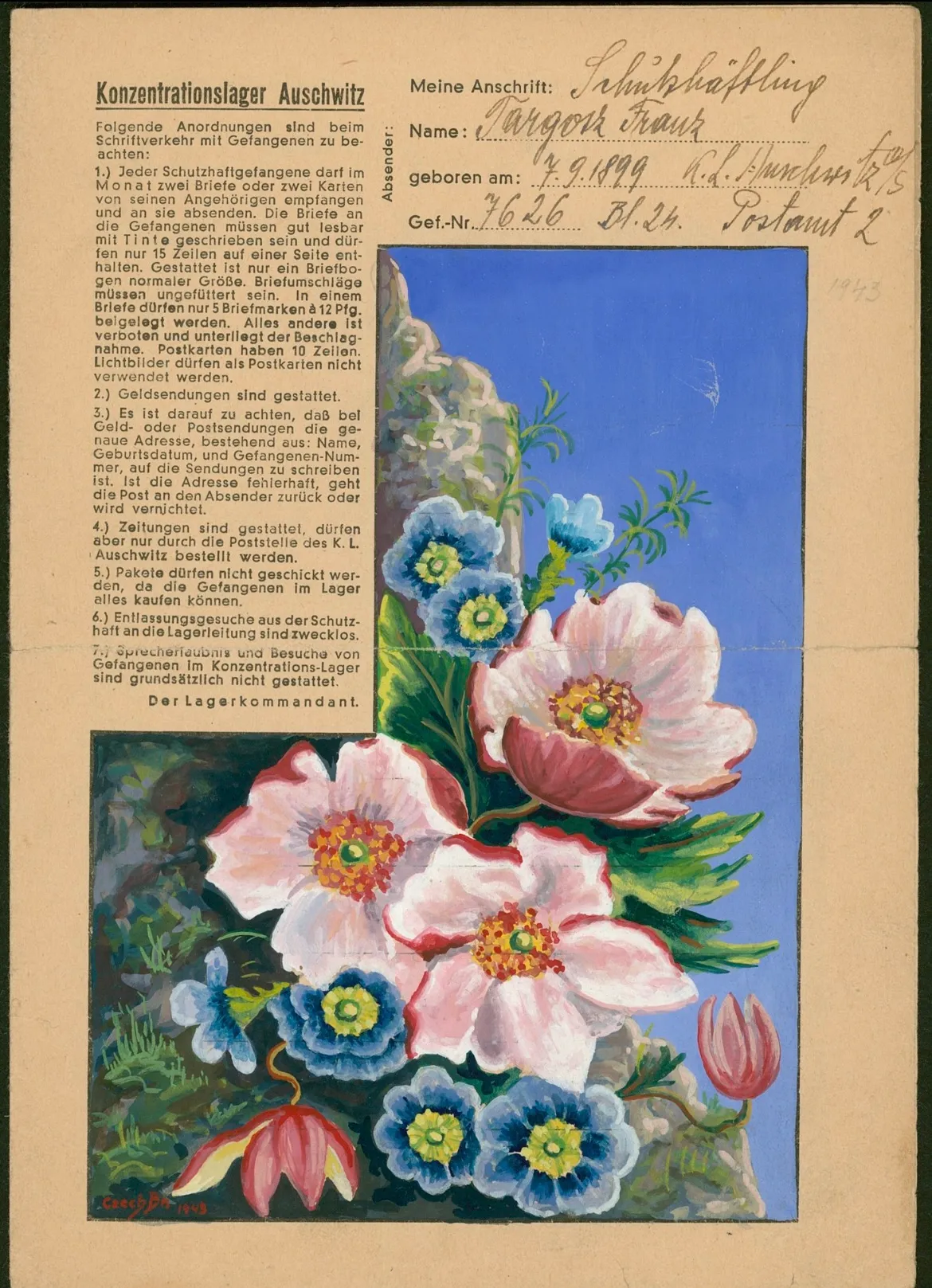 List z akwarelą namalowaną przez polskiego olimpijczyka Bronisława Czecha