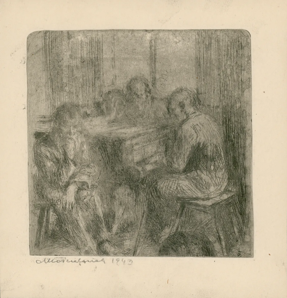 Akwaforta Mieczysława Kościelniaka przedstawiająca scenę z życia w Auschwitz