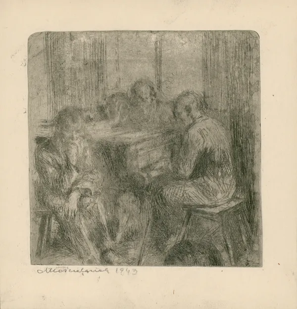 Akwaforta Mieczysława Kościelniaka przedstawiająca scenę z życia w Auschwitz