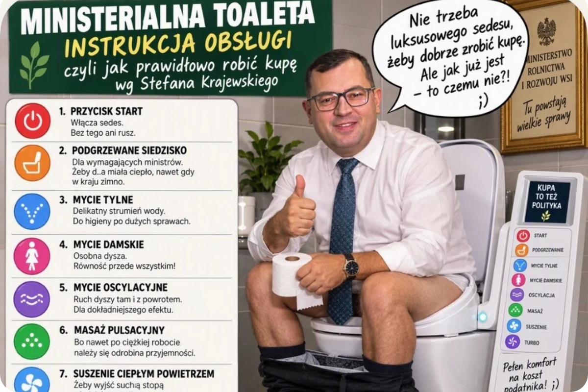 Instrukcja obsługi toalety - nie tylko dla rolników. Krajewski już ją zna